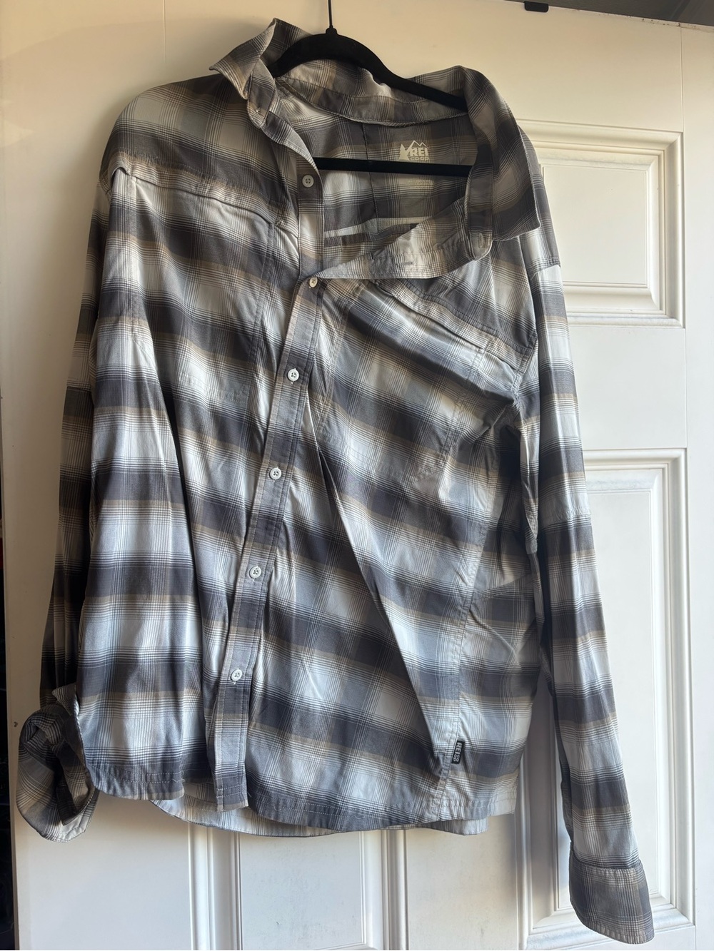 REI Men's Gray and White Plaid Long-Sleeve Button-Down Shirt